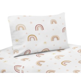 Sweet Jojo Designs Boho Rainbow Twin Sheet Set - 3 Piece Set - Blush Pink Dusty Rose Gold Yellow Mauve Taupe Beige Tan Bohemian Stars Sun Celestial Vintage Sky