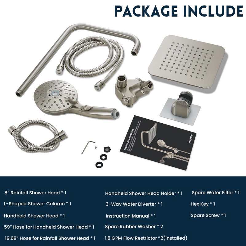 Ryamen Dual Shower Head Combo, Brushed Nickel 8'' High Pressure