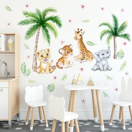 Watercolor Nursery Baby Wall Stickers Jungle Animals Wall Decals Safari Baby Wall Decal Removable Forest Palm Tree Stickers Elephant Giraffe Art Murals for Kids Girls Boys Bedroom Children Room Decor