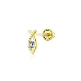 Tiny Minimalist Real 14K Gold Helix Cartilage Ear Lobe Piercing Daith Ichthus Christian Real Jesus Fish 1 Piece Stud Earring For Women Teen Screw back