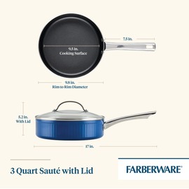 Farberware Style Nonstick Cookware Saute Pan with Lid, Dishwasher Safe, 3 Quart - Blue