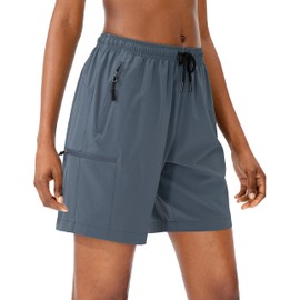 SANTINY Women's 5''/ 7''/9'' Hiking Cargo Shorts Quick Dry Lightweight Summer Shorts for Women Athletic Golf Zipper Pockets(Dusty Blue_L)