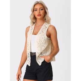 Allegra K Women's Floral Crochet Hollow Out Sleeveless Open Front Boho Vest Cardigan Medium Beige