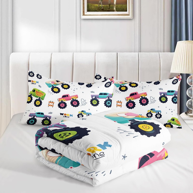 Nttopship Kids Comforter Set for Boys,Cartoon Monster Car 3 Pieces