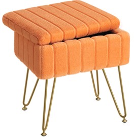 Greenstell Vanity Stool Chair Faux Fur with Storage, 15.7"L x 11.8"W x 19.4"H Soft Ottoman 4 Metal Legs with Anti-Slip Feet, Furry Padded Seat, Modern Multifunctional Chairs for Makeup, Bedroom,Orange
