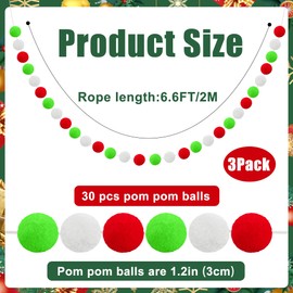3 Pack Christmas Pom Pom Garland Christmas Colorful Felt Ball Garland Red White Green 90 Balls Hanging Banner 19.68 Feet Xmas Felt Balls Banner for Xmas Tree Home Holiday Party Classroom Wall Decor