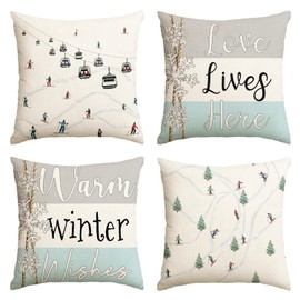 AVOIN colorlife Winter Skiers Cable Cars Snow Throw Pillow Covers, 18 x 18 Inch Warm Winter Wishes Love Lives Here Seasonal Holiday Cushion Case Decoration for Sofa Couch Set of 4