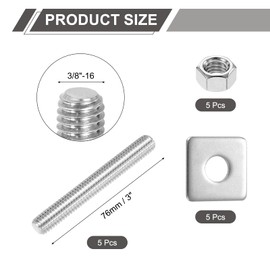 sourcing map 3/8"-16 UNC Fully All Threaded Rod, 5 Pcs 304 Stainless Steel Long Threaded Screw 3" Length Right Hand Threads with Square Washers for Furniture Mounting Assembly Fastening