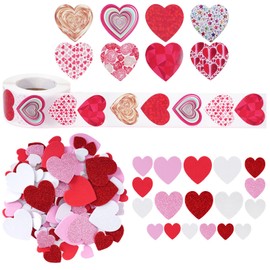 Phnydreg Valentines Day Heart Stickers 500Pcs Self Adhesive Heart Sticker with 2 Bags Glitter Foam Heart Stickers Valentine's Love Decor Stickers for Valentine's Day Wedding DIY Crafts Decorations