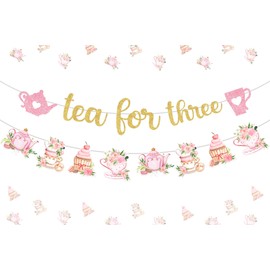 Balterever Tea for Three Decoration Banner Tea Theme Garland Tea for Girl Three Decorations Tea Birthday Decoration for 3rd Tea Time Birthday for Teapot Birthday, Baby Shower, Floral Tea Party Supplies
