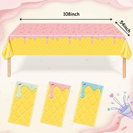 3 Pack Ice Cream Themed Party Tablecover Decoration, Disposable Plastic Rectangular Tablecloth, Sweet Birthday Party Supply Decor for Kids Girls Boys Baby Shower, 54 x 108 Inches