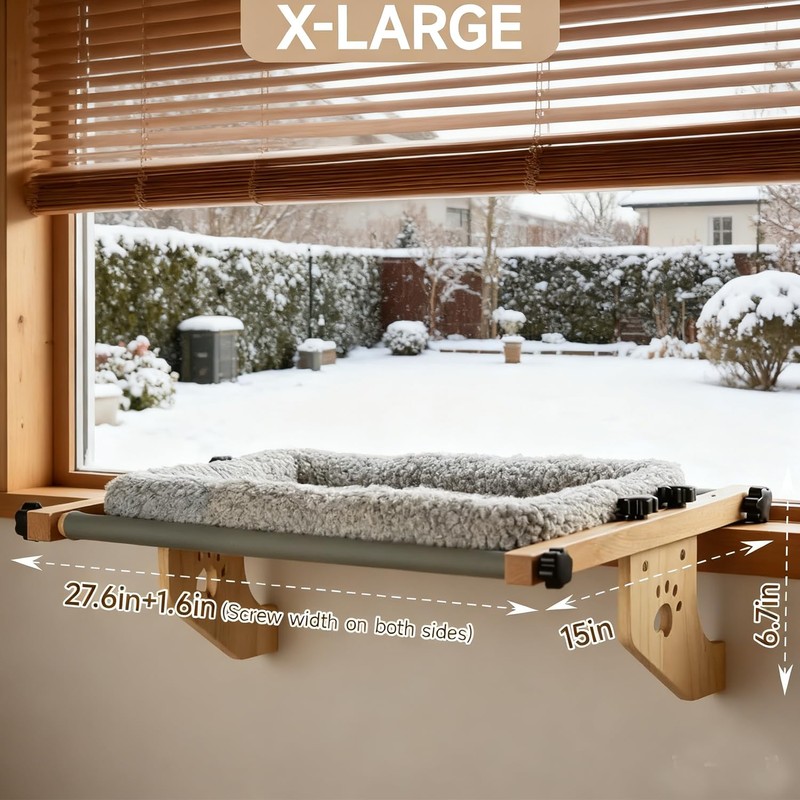 Cat Window Perch - Drill-Free Adjustable Sill Hammock, Sturdy Wood