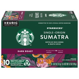 Starbucks Coffee K-Cup Pods, Single-Origin Sumatra Coffee, Dark Roast 100% Arabica Coffee, Keurig Genuine K-Cup Pods, 10 CT K-Cups/Box (Pack of 3 Boxes)