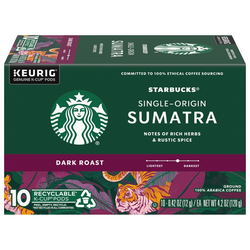 Starbucks Coffee K-Cup Pods, Single-Origin Sumatra Coffee, Dark Roast 100%