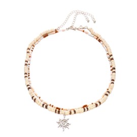 DATOA Puka Shell Beads Sun Pendant Choker Necklace Surfer Wooden Beaded Coconut Shell Beach Jewelry Hawaiian Summer Accessory for Women Men - Silver