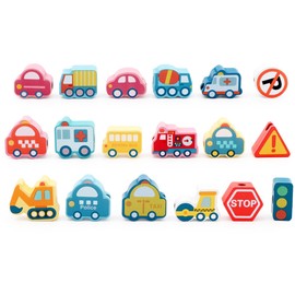 AAGWW Stringing Toy Montessori Toy Lacing Toys for Kids Wooden Beads Fingertip Training Safety Gift (Transportation Series - 18 Pieces)