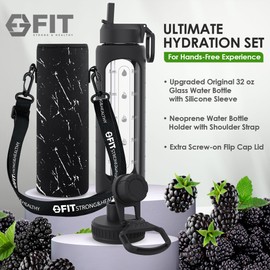 32 oz Glass Water Bottle with Straw Lid, Time Marker, Sleeve, Extra Lid & Water Bottle Holder with Strap - Motivational, Wide Mouth, 1L Glass Drinking Bottle (Black Sleeve, White Marble Carrier)