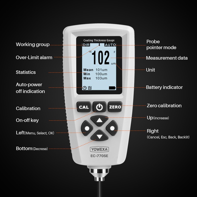 YOWEXA EC-770SE Professional Coating Thickness Gauge with External Probe, Digital