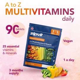 Zipvit A-Z Multivitamin Tablets, Vegan Multivitamin & Minerals for Men and Women, 90 Tablets (3-Month Supply), 26 Essential Vitamins & Minerals for Immune Support, Bone Health, and Energy