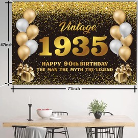 Vintage 1935 Birthday Banner Backdrop, Black and Gold Sign Banner, Cheer to 90 Years Happy Birthday Banner, 90th Birthday Party Supplies for Men Women Birthday Party Photography Decor Glitter Favors