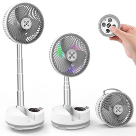 xumemall Foldable Oscillating Pedestal Fan with Remote, 8" USB C Rechargeable 20000mah Battery Fan with LED Colorful Lights, Portable Floor Standing Fan Camping Fan for Bedroom Office Travel White