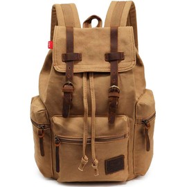 HuaChen Vintage Canvas Backpack, Mens Travel Leather Rucksack for Laptop Hiking Bag (M32_Khaki_L)