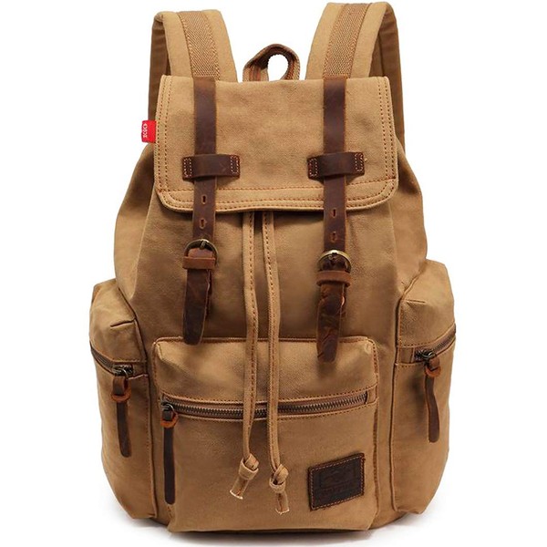 HuaChen Vintage Canvas Backpack, Mens Travel Leather Rucksack for Laptop Hiking Bag (M32_Khaki_L)