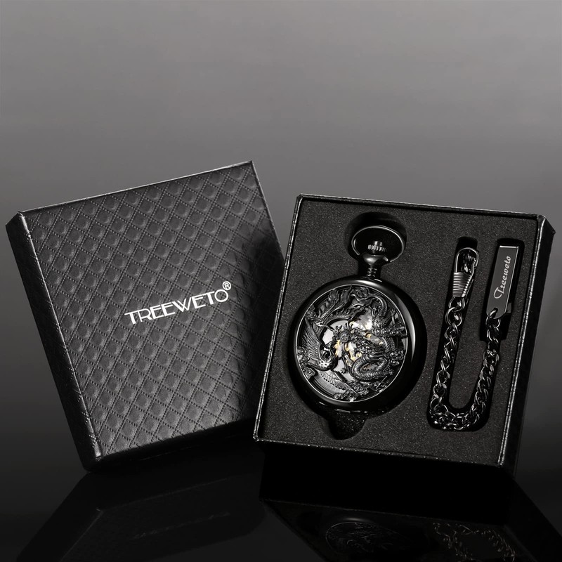 TREEWETO Mechanical Skeleton Pocket Watch Lucky Phoenix & Dragon Hollow