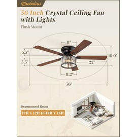 56 Inch Farmhouse Chandelier Ceiling Fan with Remote Control, Black Indoor Crystal Ceiling Fan with 6-Speeds, Quiet Reversible DC Motor, Flush Mount Ceiling Fans with Lights for Bedroom, Living Room