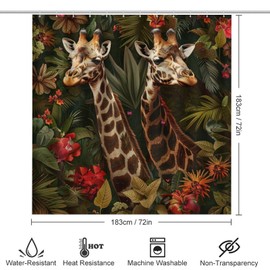 TOWINSFB 4Pcs African Giraffe Flower Shower Curtain Sets, Bathroom Decor Set with Rugs, Bath Mat Retro Leaf Plant Wonderland Animal Shower Curtain, 72 X 72 Inch