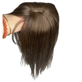 12x14 Lace Base Human Hair Toppers Invisible Middle Part Natural Hairpiece with Wispy Air Bangs Clip In Hair Extension For Hair Volume 220% Density (Dark Brown, 14 inch)