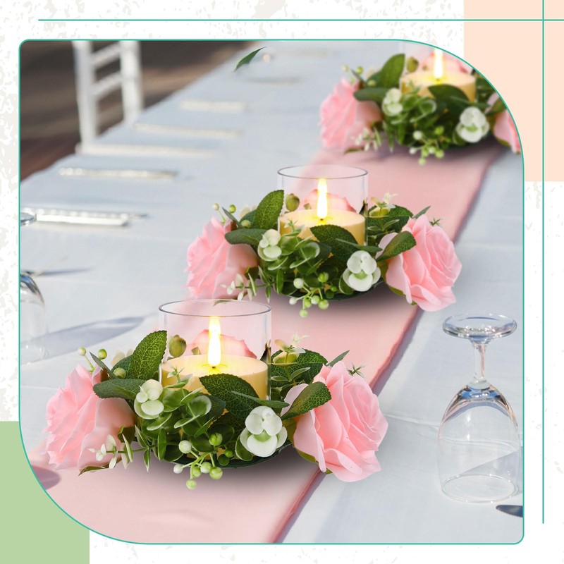 Yunlly Artificial Rose Candle Rings Wreaths 3 Inch Wedding Centerpiece