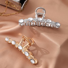 HAIMEIKANG 2 PCs Rhinestone Hair Clips for Women - Metal Claw Clips Strong and Large Hold Claw for Thick Hair, Gold and Silver Hair Clips