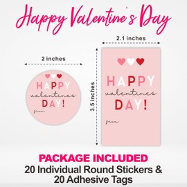 Happy Valentine's Day Stickers Set - 3 Little Hearts - 40 Self Pink Adhesive Labels, Round & Tag Shaped, Each 20 Pcs for Gift Wrapping, Envelopes, Goodie Bag,Valentines Party Supplies - A02
