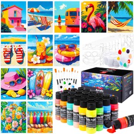 AmazingSpark 12 Set Paint and Sip Kit for Adults 8"x 10" Pre Drawn Canvas for Painting DlY Acrylic Paint Set with Brushes, 24 Colors(60ml, 2oz) for Date Night Party Supplies(Hawaii)