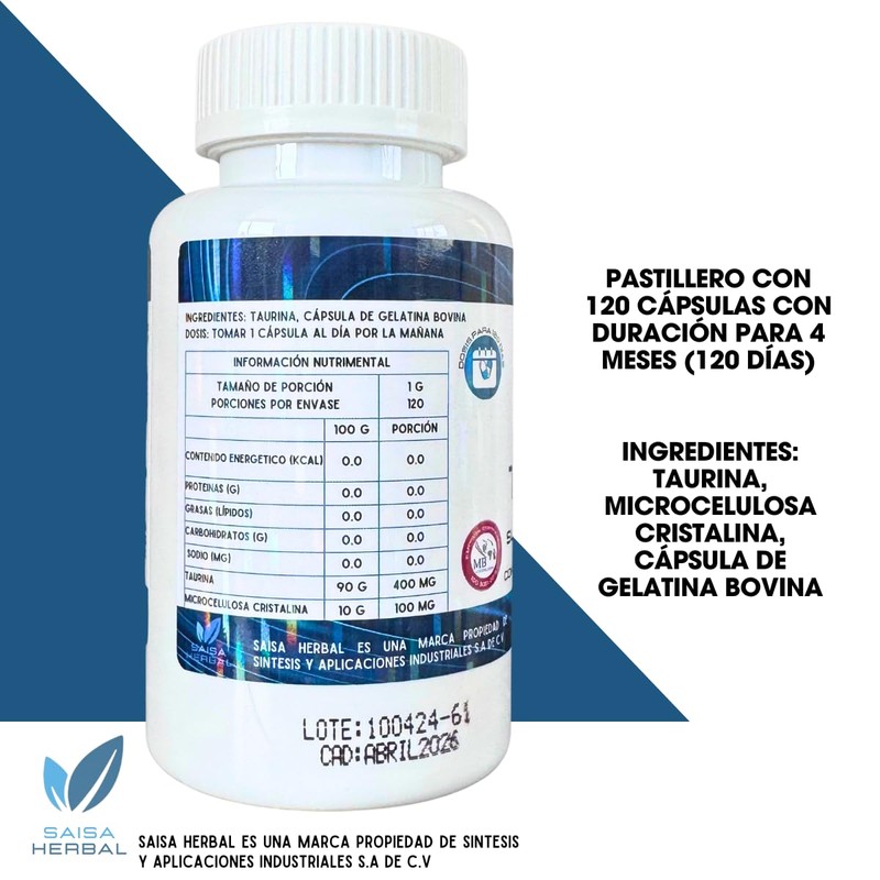 Taurina 400 Mg 120 Cápsulas Saisa Herbal calidad premium