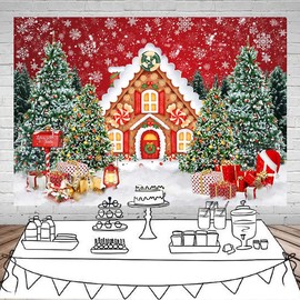 Mocsicka Christmas House Backdrop Christmas Candy House Snowflake Wonderland Pine Tree Photography Background for Kids Cookie Exchange Kids Theme Birthday Party Decoration Banner (8x6ft)