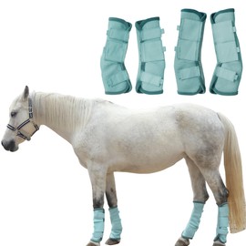 TARFEPA Adjustable Horse Fly Boots Set of 4, Equine Leg Protection Reduce Stomping, Breathable Mesh Fly Boots for Horses, Horse Leggings Leg Guards - Aqua Blue - Pony