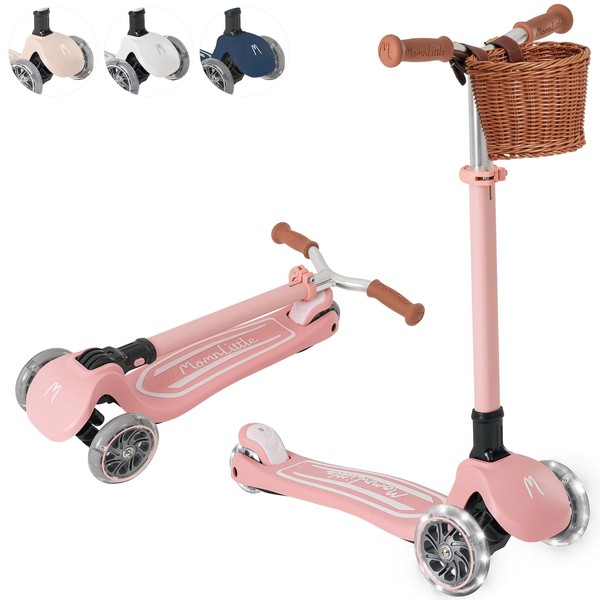 MomnLittle Kick Scooter with Basket for Kids Ages 3-10 (Pink)