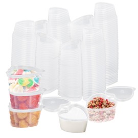 Axigundaone 100 Pcs Plastic Heart Shaped Condiment Containers with Lids, 1.5 Oz Disposable Jello Shot Cups Stackable, Leak-Proof Portion Cups for Sauce Souffle (Clear)