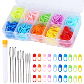 Doxiru 120 Pcs Crochet Stitch Markers, 10 Color Knitting Markers 9 Pcs Big Eye Sewing Needles with Plastic Box for DIY Crochet Stitch Markers