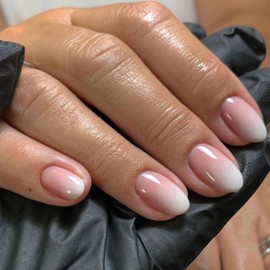 Ombre French False Nails Short Oval, SXVME French Press on Nails Short, Gradient Pink Full Cover Fake Nails Almond, Elegant Ombre Pink Nails Press on, Acrylic Stick on Nails for Women Daily Wear