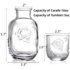 Goaste 2 Sets Bedside Water Carafe with Tumbler, 16oz Vintage Nightstand Glass Pitcher with 5oz Cups, Clear Mouthwash Decanter with Embossed Rose Design for Bathroom, Bedroom, Bar, Kitchen