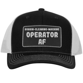Bobbin-Cleaning-Machine Operator AF - Leather Black Patch Engraved Trucker Hat, Black-White, One Size