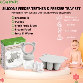 JEXFUN Baby Fruit Food Feeder & Mini Freezer Nibble Tray Combo, Breastmilk Popsicle Molds for Baby Cooling Relief, BPA Free Silicone Feeder for Safe Infant Self Feeding, 4 Month+ (Light Grey)