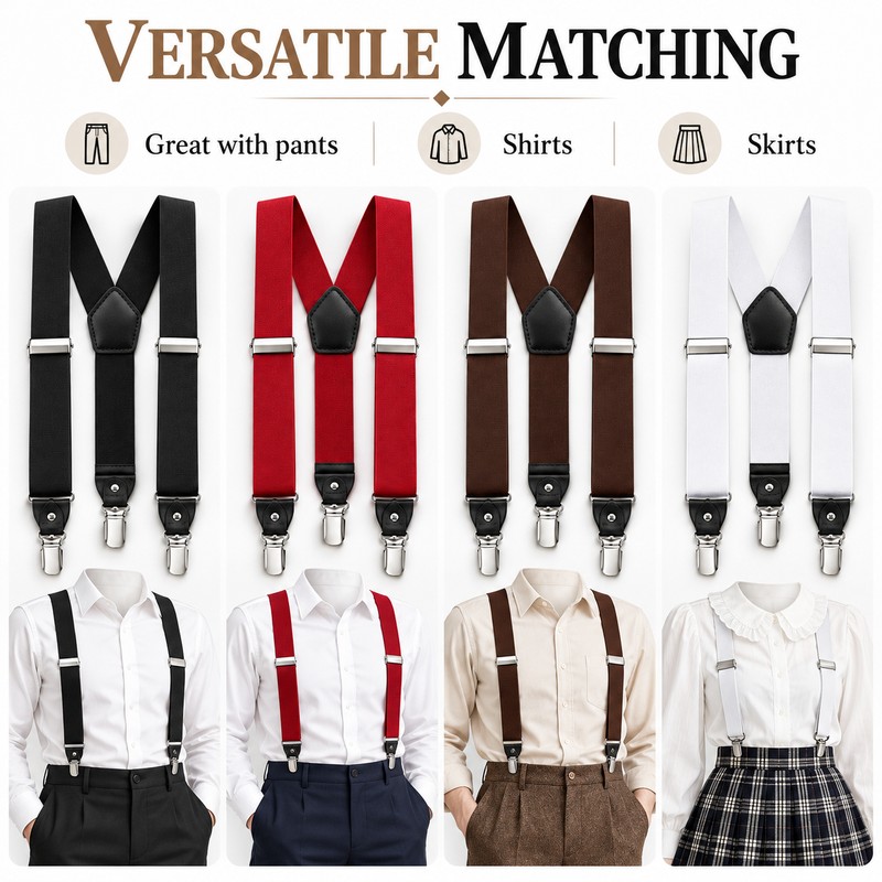 Adjustable Solid Color Polyester Suspenders for Adult Pants, Shirts and