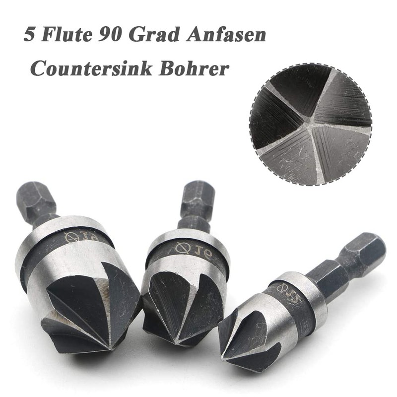 Mesee Set of 3 90° Countersink Drill, 5 Flute Countersink