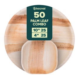 BOSNAL Palm Leaf Biodegradable Plates Combo – 50 pcs (25 x 10 Inch Round + 25 x 4 Inch Square) | Eco-Friendly, Compostable, Disposable Dinnerware for Parties, Weddings & Events