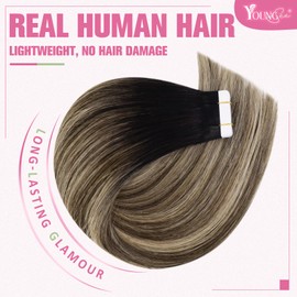Tape in Human Hair Extensions Ombre Tape Extensions Ombre Off Black Balayage Dark Brown with Caramel Seamless Tape in Hair Extensions for Women Ombre Tape on Hair Ombre Black 22In 50G 20Pcs