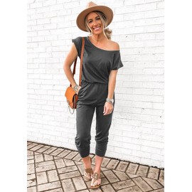 PRETTYGARDEN Women's Loose Solid Off Shoulder Elastic Waist Stretchy Long Romper Jumpsuit (Dark Grey,3X-Large)